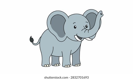 A cute cartoon elephant standing with its trunk raised, friendly gray pachyderm vector illustration isolated on a simple white background design.