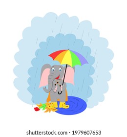 a cute cartoon elephant stands in the rain with an umbrella in rubber boots. autumn. vector flat illustration
