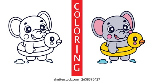 Cute Cartoon Elephant Swimming Using Duck Float, Illustration Icon Vector Design, Animals Holidays, Cartoon Style Flat.