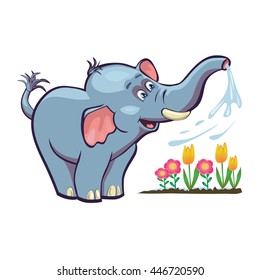 Cute cartoon elephant, that watering flowers