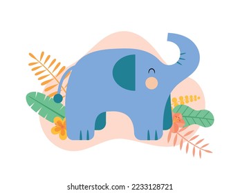 Cute cartoon elephant with tropical leaves and flowers. Vector illustration. Can be used for baby shower, nursery and kids wall art, birthday invitation card. 