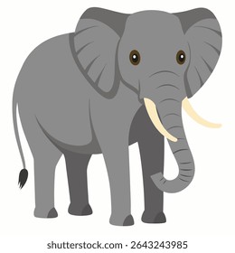Cute cartoon elephant vector. African elephant with big ears and playful eyes. Perfect for children's books, nursery decor, games, or jungle themed designs. Isolated on white background.