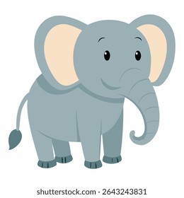 Cute cartoon elephant vector. Smiling baby elephant with big ears and playful eyes. Perfect for children's books, nursery decor, games, or jungle themed designs. Isolated on white background.