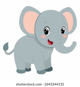 Cute cartoon elephant vector. Smiling baby elephant with big ears and playful eyes. Perfect for children's books, nursery decor, games, or jungle themed designs. Isolated on white background.