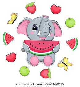 Cute cartoon elephant with watermelon in fruit frame. Vector illustration of an animal with apples, watermelon, hearts, butterflies, strawberries on a white background.