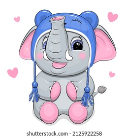 Cute cartoon elephant wearing a blue bear hat. Vector illustration of an animal on a white background with hearts.