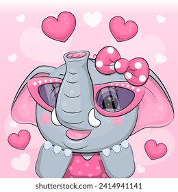 Cute cartoon elephant wearing pink glasses and hair bow. Vector illustration of an animal on a pink background with hearts.