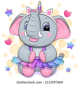 Cute cartoon elephant wearing a rainbow skirt and a unicorn headband. Vector illustration of an animal on a yellow background with stars and hearts.