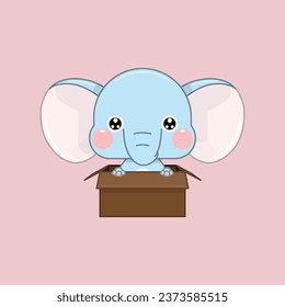 A Cute Cartoon Elephant with Wet Eyes in a Box, Seeking Adoption. Vector Illustration.