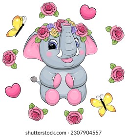 Cute cartoon elephant with a wreath of roses. Vector illustration of an animal in a floral frame on a white background.