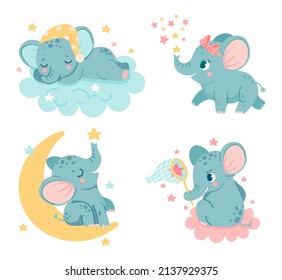 elefantes de dibujos animados. Los personajes de los bebés soñando, durmiendo en una nube esponjosa. Animales adorables sentados en la luna y atrapando estrellas. Niños felices al acostarse, cuento de hadas conjunto vectorial aislado