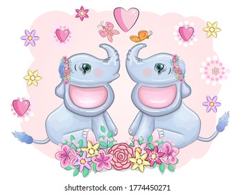 Cute cartoon elephants boy and girl in love with beautiful eyes with a butterfly surrounded by flowers, children's illustration.