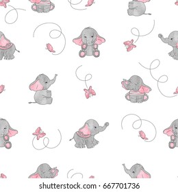 Cute cartoon elephants and butterflies seamless vector pattern. Baby print.