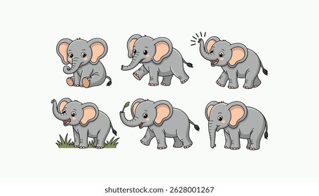 cute Cartoon elephants collection with different actions vector illustration