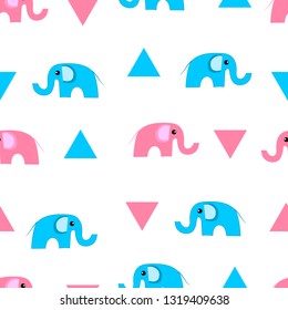 Cute cartoon elephants and triangles seamless vector pattern. Wrapping paper, fabric. Baby print.