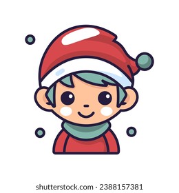 Cute cartoon elf boy in santa hat. Merry Christmas and Happy New Year. Vector illustration.