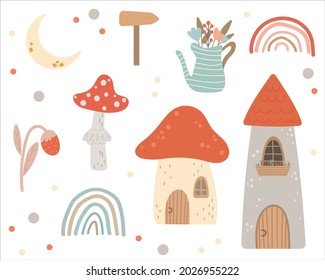 Cute cartoon elf, fairy or gnome houses. Vector illustration.