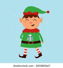 Cute cartoon elf with a gift