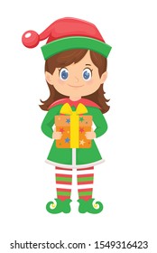 Cute cartoon elf with gift.Vector illustration