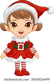 Cute cartoon elf girl in Christmas attire.