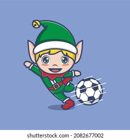 el elfo de la caricatura tierno jugando al fútbol en la navidad. ilustración vectorial para logotipo o etiqueta de mascota