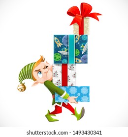 Cute cartoon elf Santa's assistant holding large stack of wrapped gifts isolated on a white background
