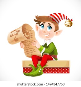 Cute cartoon elf Santa's assistant sitting on box with gift and holding parchment in hands isolated on a white background