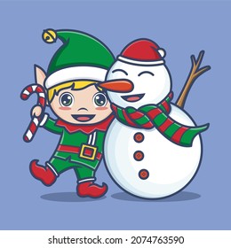 cute cartoon elf with snowman on christmas. vector illustration for mascot logo or sticker