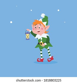 Cute cartoon elf  taking a vintage lantern. Christmas funny character. Santa Claus helper. Elfish boy. Isolated on blue background. Vector illustration.