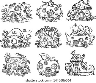 Cute cartoon elven, fairy or gnome houses in the form of pumpkin, tree, teapot, boot, apple, mushroom, stump. Outline vector illustration