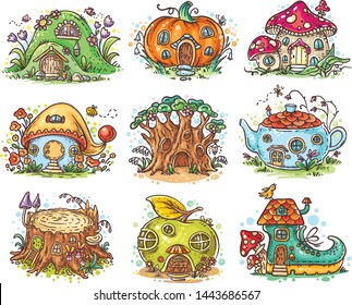 Cute cartoon elven  fairy gnome houses in the form pumpkin  tree  teapot  boot  apple  mushroom  stump  Vector illustration