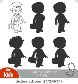 Cute cartoon Emergency doctor with first aid bag, find the correct shadow educational game. Black and white coloring page worksheet for train visual perception and attention for preschool learning