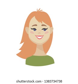 Cute cartoon Emoji character. Flat vector illustration of redhead girl's emotional face.