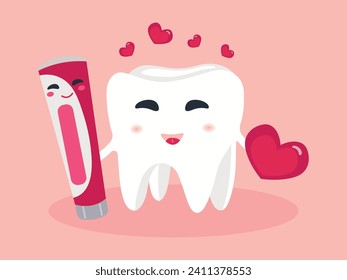 Cute cartoon emoji with teeth. Cute cartoon tooth huggers happily hugging with toothpaste. Dentist office, dental healthcare concept, oral hygiene. Orthodontic clinic vector illustration.