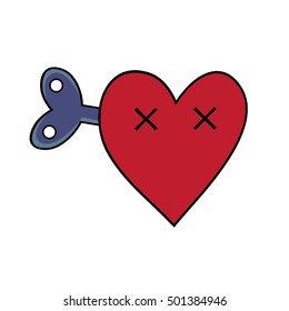 Cute cartoon emoticon hearts. Dead heart with a clockwork mechanism. Modern flat style vector heart illustration.