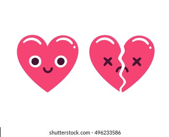 Cute cartoon emoticon hearts, happy and smiling and sad and broken. Modern flat style vector heart illustration.