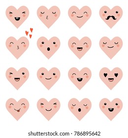 Cute cartoon emotion hearts. Modern flat style vector set with lovely emoticons. Doodle kawaii face, sweet and childlike manga cartoon style. Vector valentines love collection
