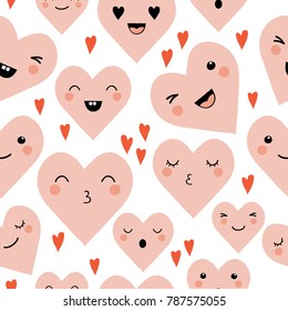 Cute cartoon emotion hearts. Modern flat style vector seamless pattern with lovely emoticons. Doodle kawaii face, sweet and childlike manga cartoon style. Vector valentines love collection