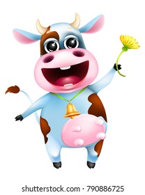 Cute cartoon emotional cow with golden bell and yellow flower