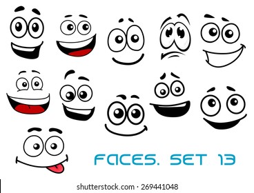 Cute cartoon emotional faces with toothy, shy, teasing and sad smiles isolated on white background for comics or avatar design