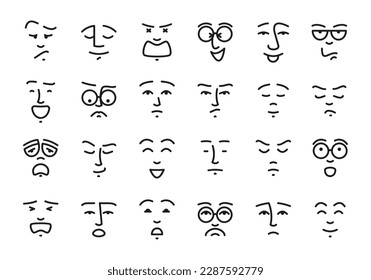 Cute cartoon emotions. Different doodle face emotions with crazy happy faces and expressions, avatar doodle symbols. Vector collection. Positive and negative feelings, characters caricature