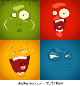 Cute Cartoon Emotions Fear, Disgust, Laugh, Suspicion- Vector Illustration