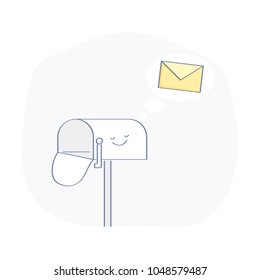 Cute cartoon empty mailbox, postbox, or letterbox is dreaming about new letter, mail, e-mail. Flat outline vector icon illustration. Premium quality.
