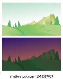 Cute cartoon endless landscape with separated layers, 
scenery during the day and night illustration for game background