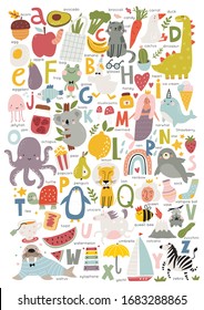 Cute Cartoon English Alphabet For Children. Alphabet Kids Poster With Fruits, Vegetables, Characters And Letters.