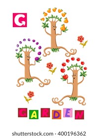 Cute cartoon english alphabet with colorful image and word. Kids vector ABC on white background. Letter G. 