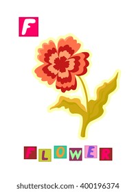 Cute cartoon english alphabet with colorful image and word. Kids vector ABC on white background. Letter F. 