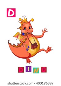 Cute cartoon English alphabet with colorful image and word. Kids vector ABC on white background. Letter D. 