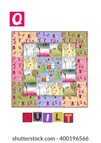 Cute cartoon english alphabet with colorful image and word. Kids vector ABC on white background. Letter Q. 