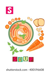 Cute cartoon english alphabet with colorful image and word. Kids vector ABC on white background. Letter S. 